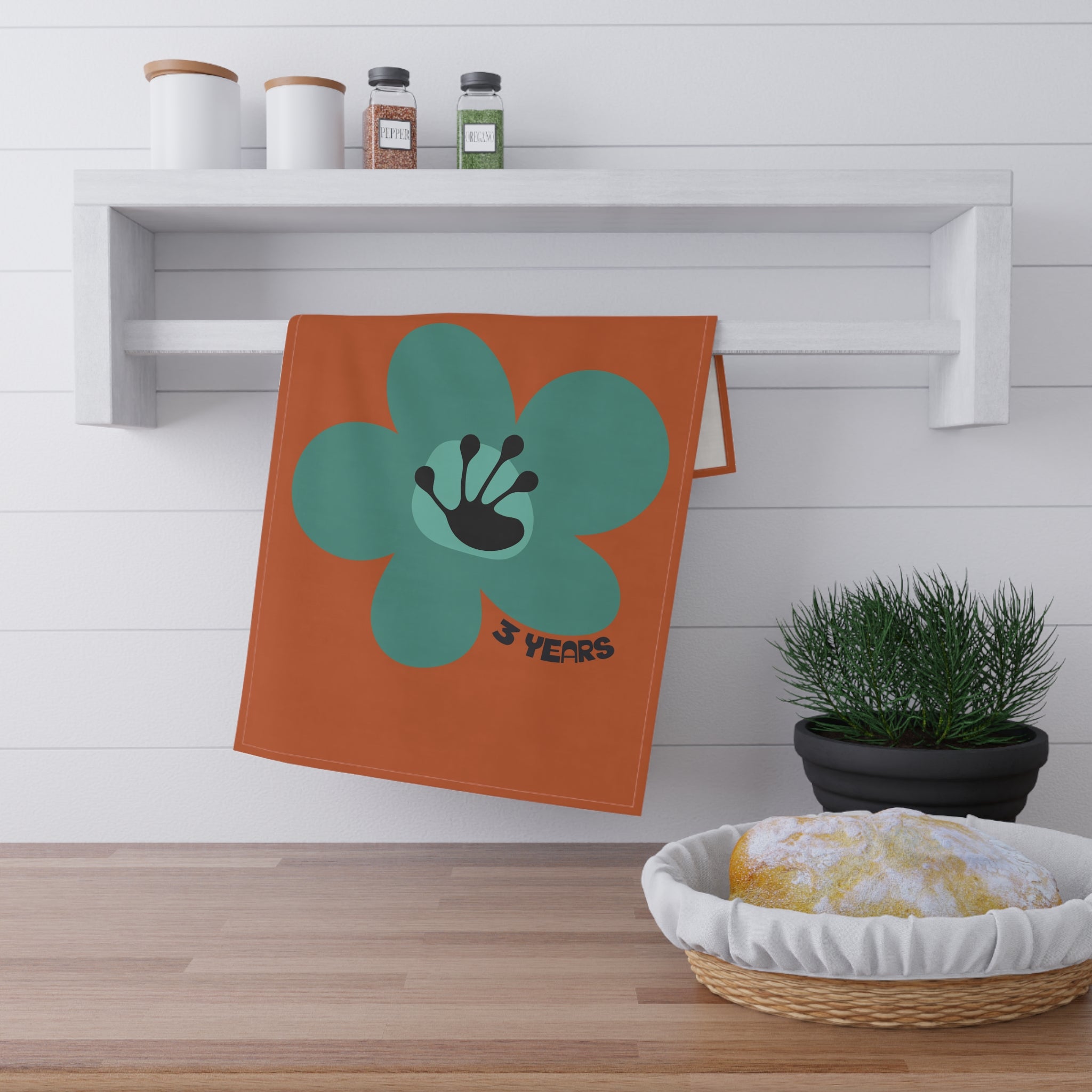 3 Year Milestone Antique Orange Tea Towel